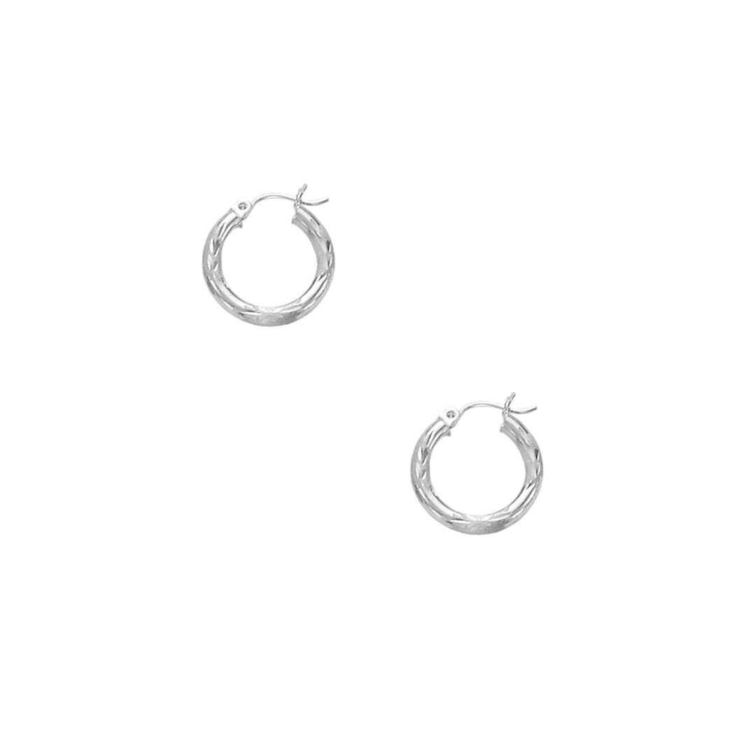 14K White Gold 3mm Diamond Cut & Polished Design Hoop Earring, front view
