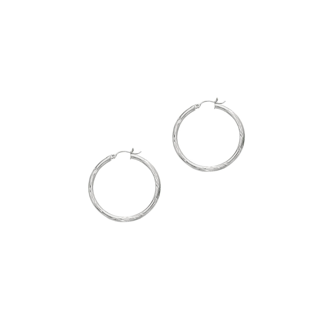 14K White Gold 3mm Diamond Cut & Polished Design Hoop Earring, front view
