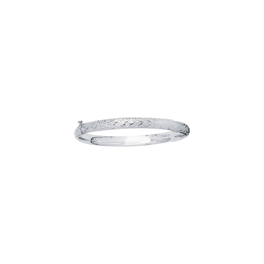 14K White Gold Diamond Cut X Pattern Children's Bangle, front view