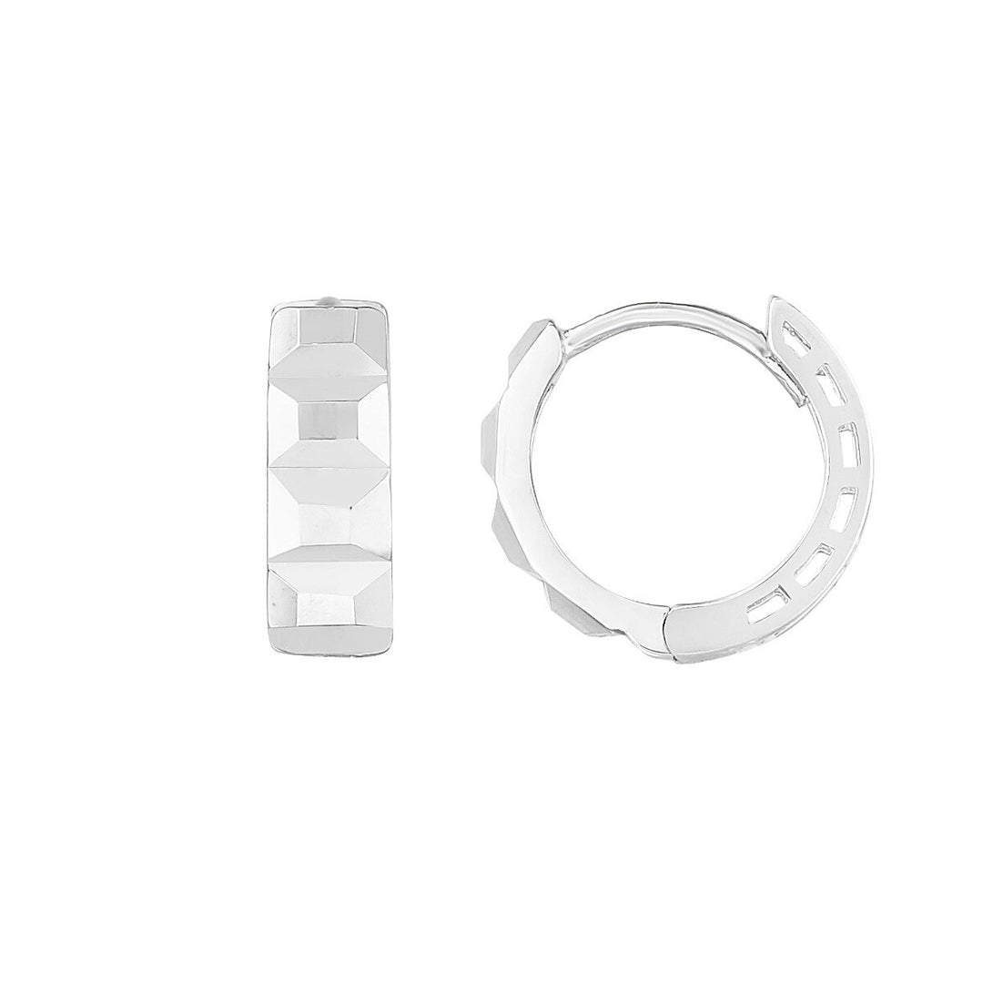 14K White Gold Faceted Huggie, front view