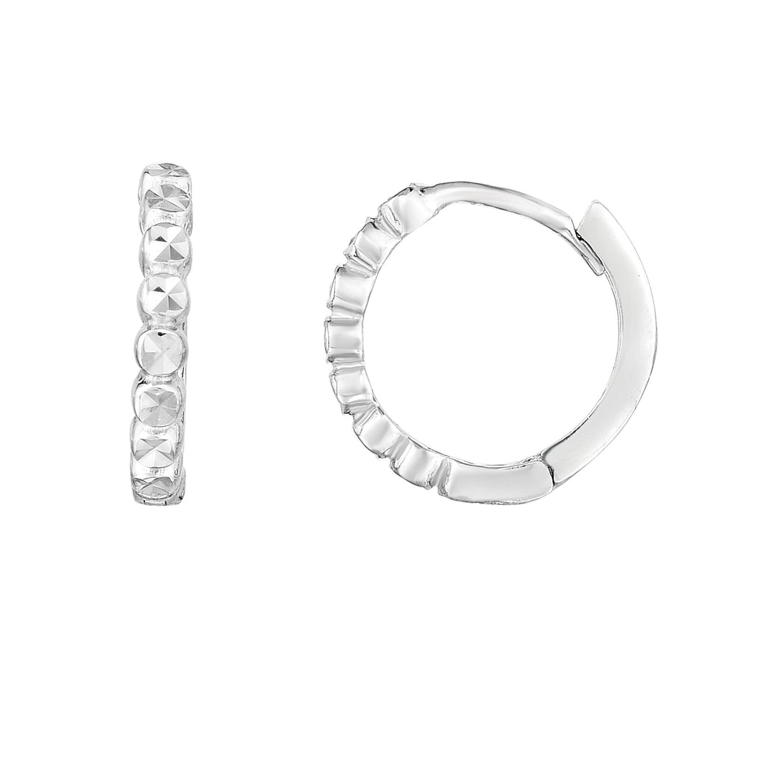 14K White Gold Round Diamond Cut Huggie Earring, front view