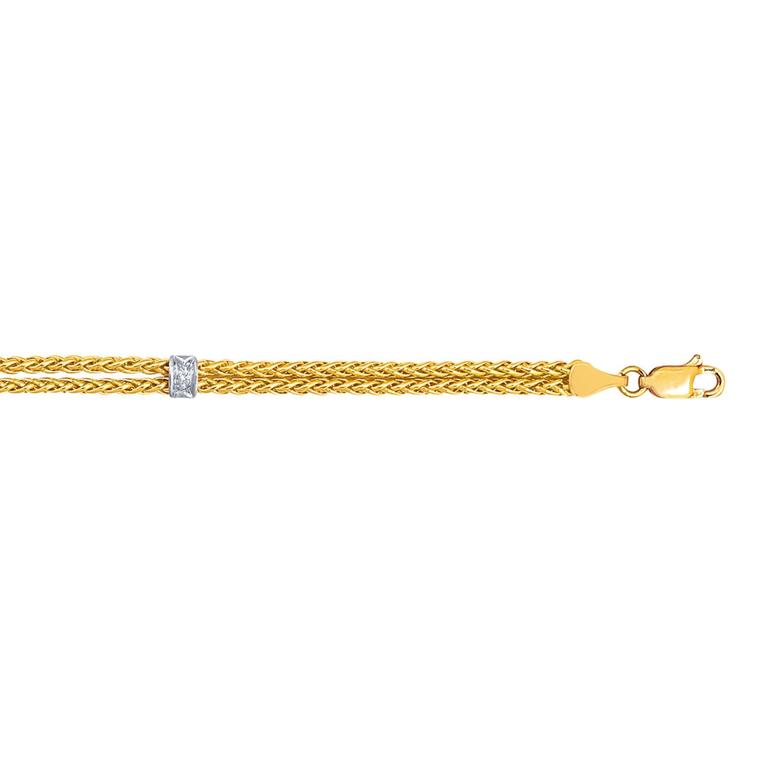 14K Yellow Gold .03ct Diamond Station Wheat Chain Bracelet, front view