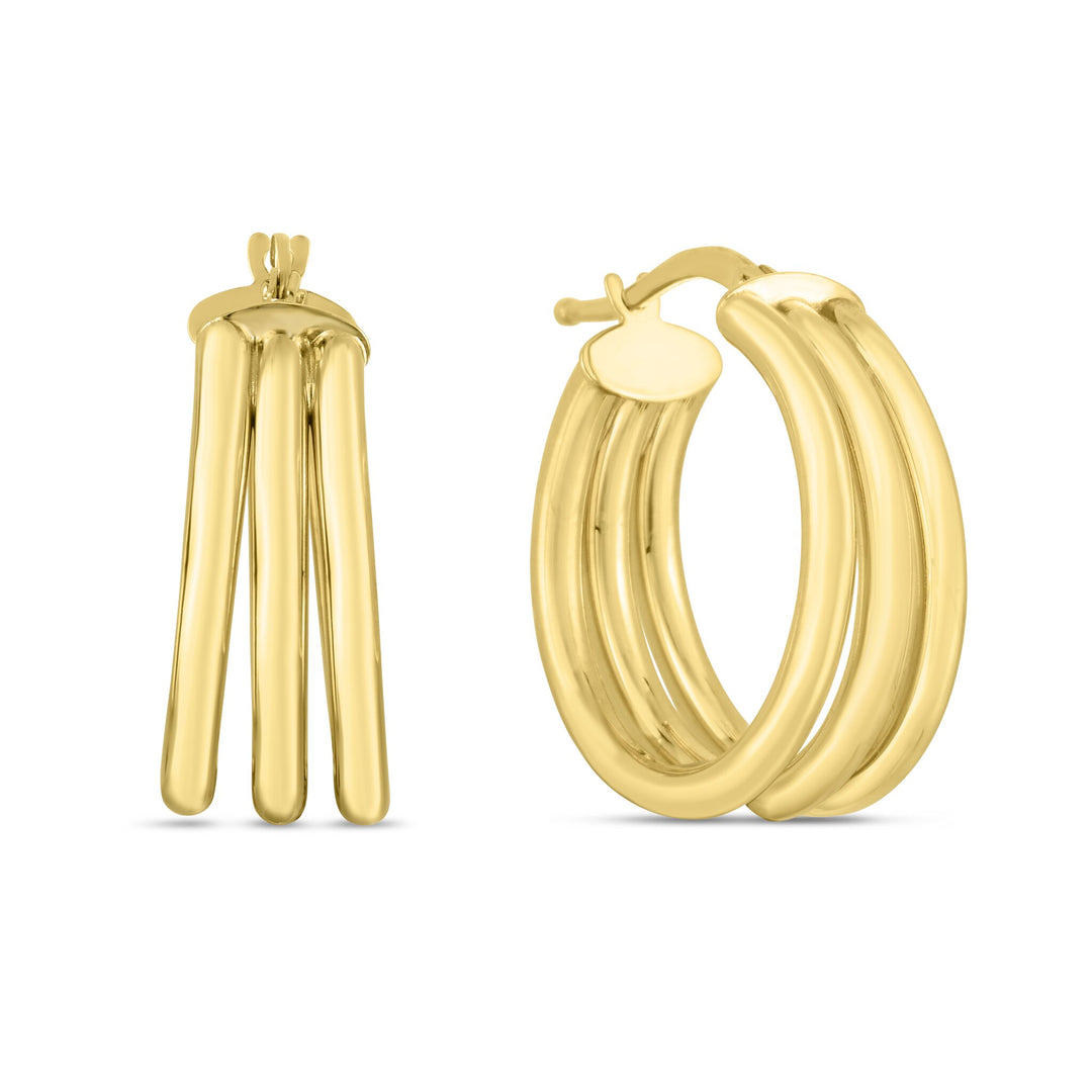 14K Yellow Gold 15mm Large Triple Row Hoops, front view