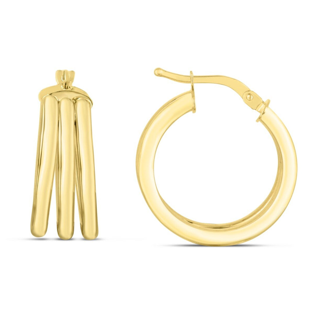 14K Yellow Gold 15mm Large Triple Row Hoops, view 2