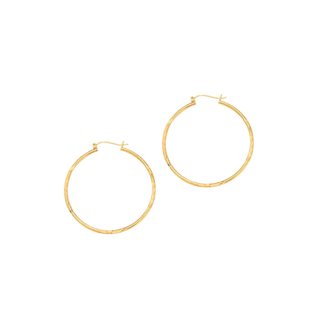 14K Yellow Gold 2mm Diamond Cut & Polished Design Hoop Earring, front view
