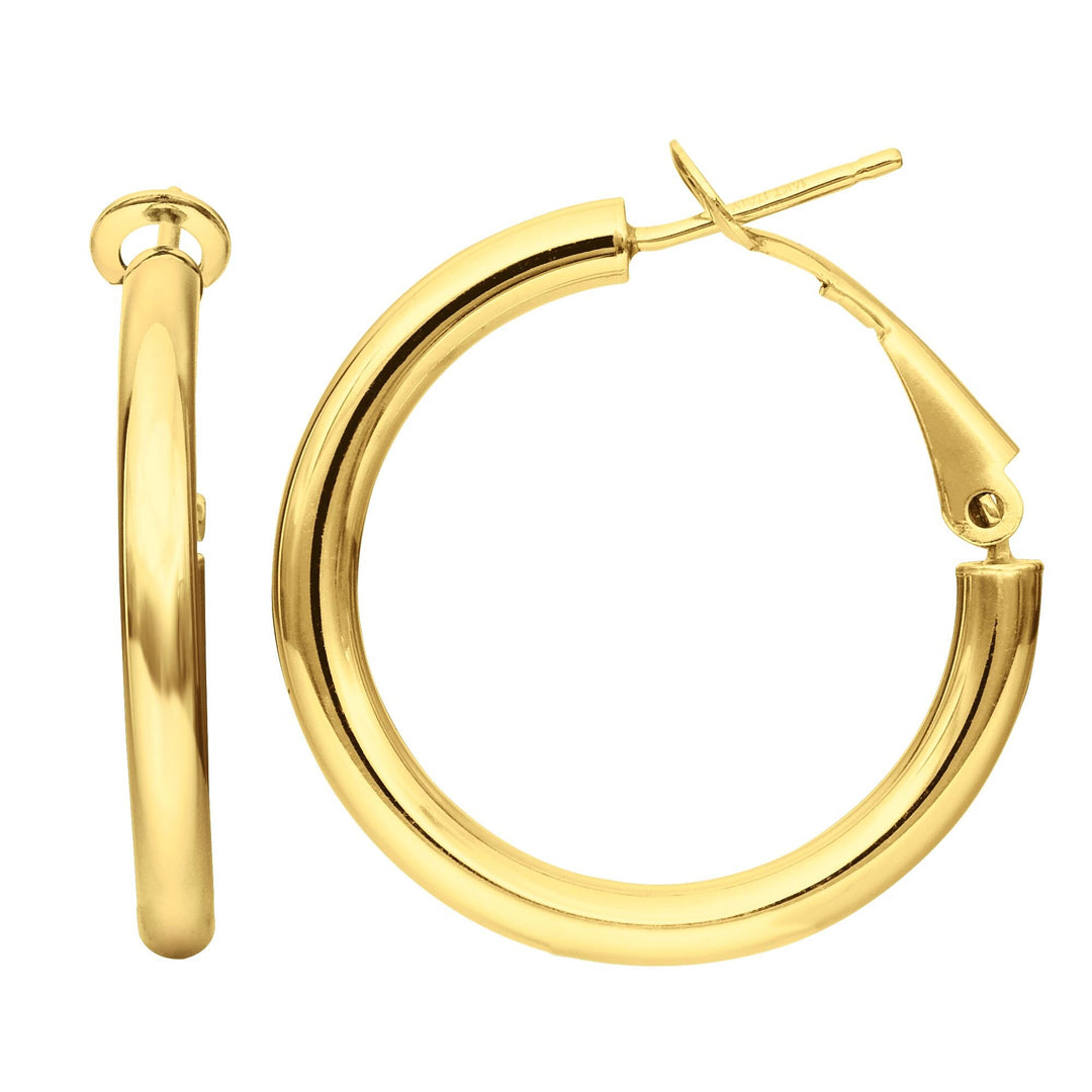 14K Yellow Gold 2x20mm Polished Omega Back Hoop Earring, front view