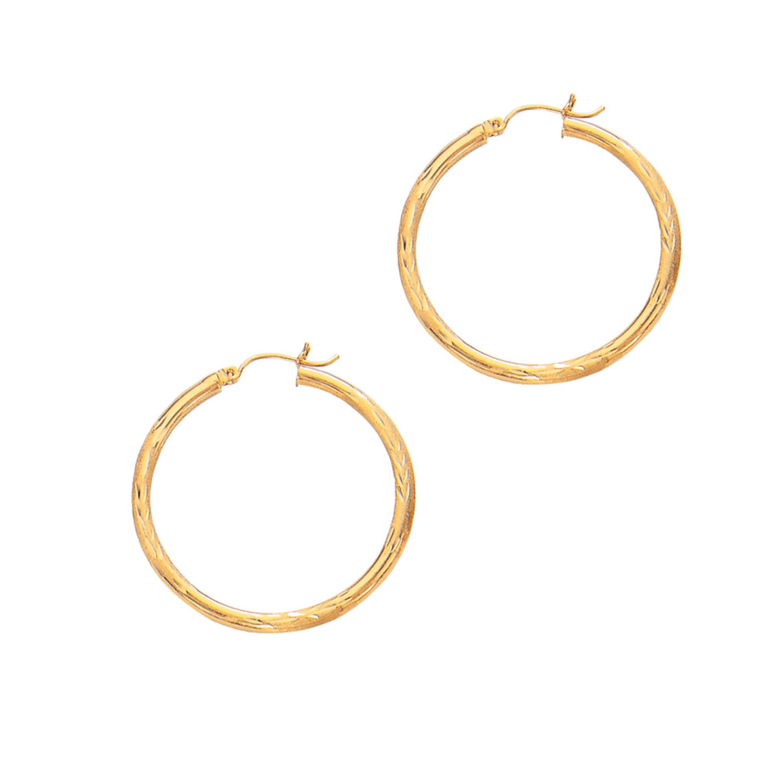 14K Yellow Gold 2x25mm Diamond Cut & Polished Design Hoop Earring, front view