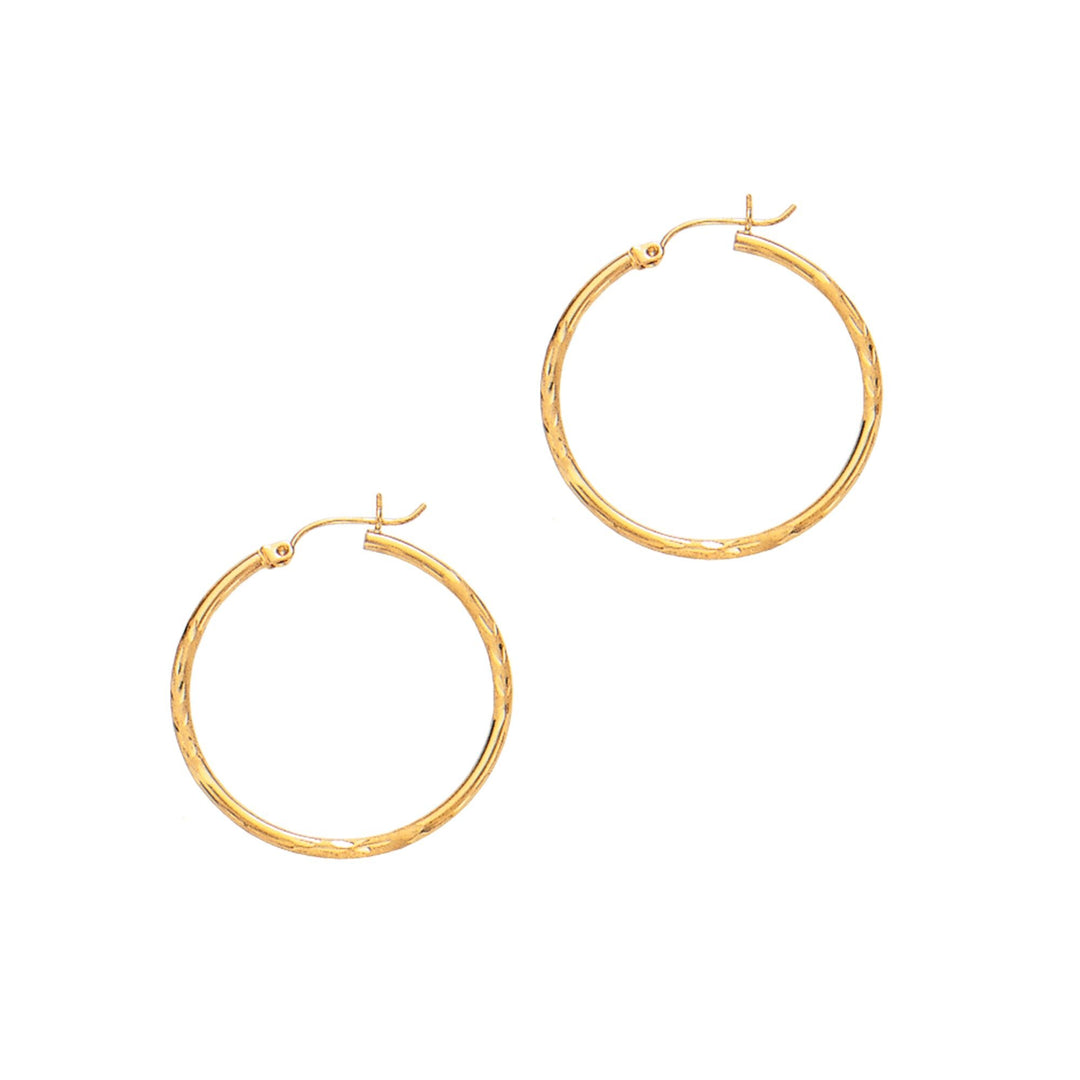 14K Yellow Gold 2x30mm Diamond Cut & Polished Design Hoop Earring, front view
