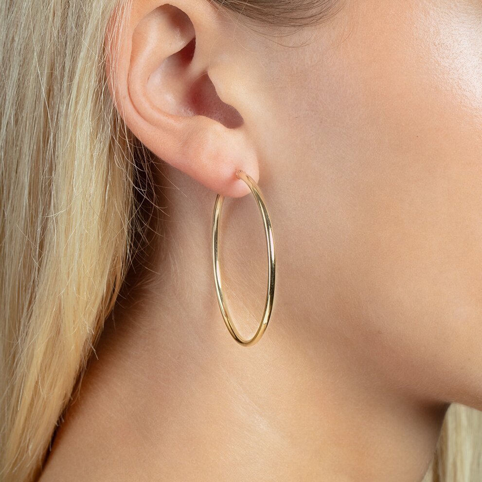 14K Yellow Gold 2x45mm Hoops, view 2