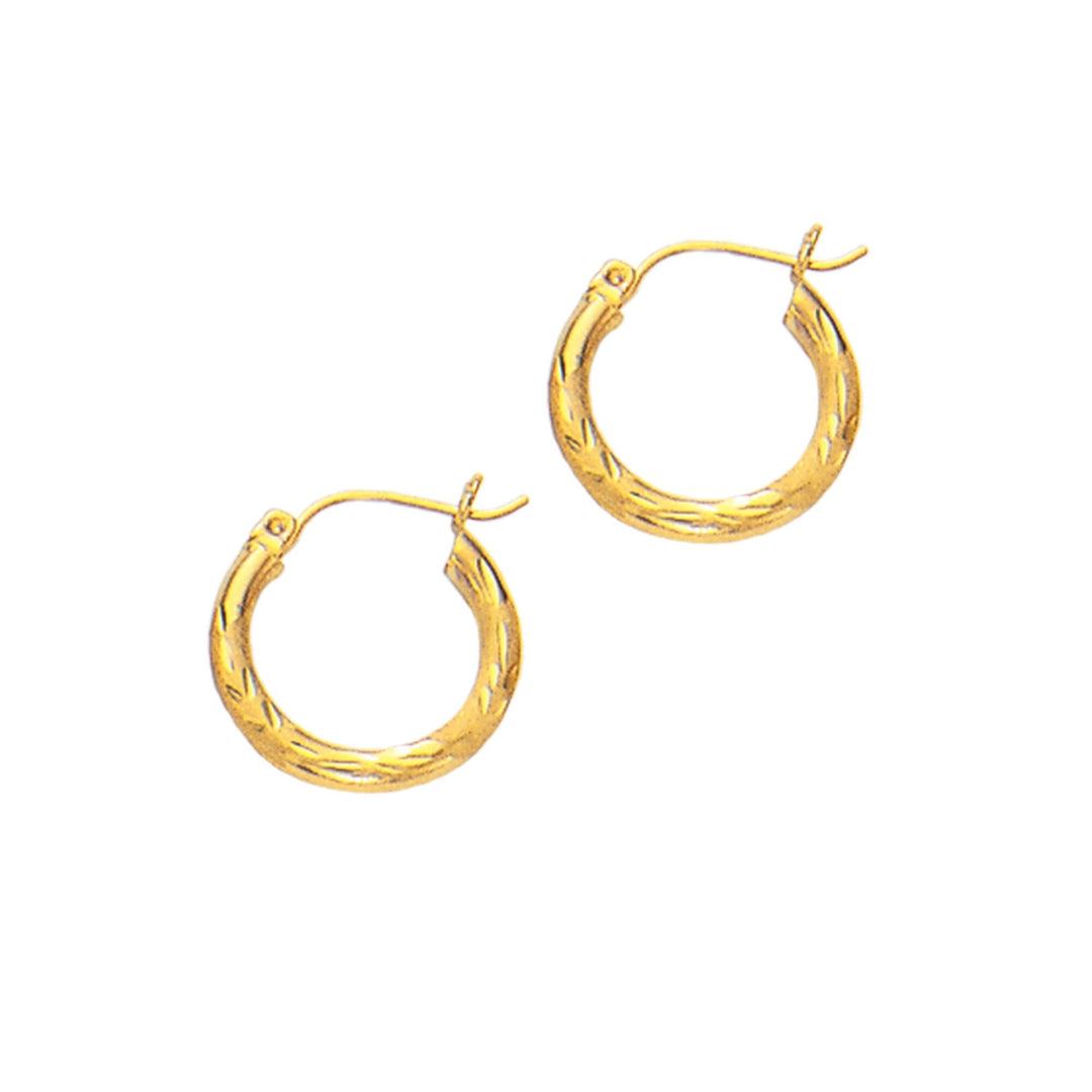 14K Yellow Gold 3mm Diamond Cut & Polished Design Hoop Earring, front view