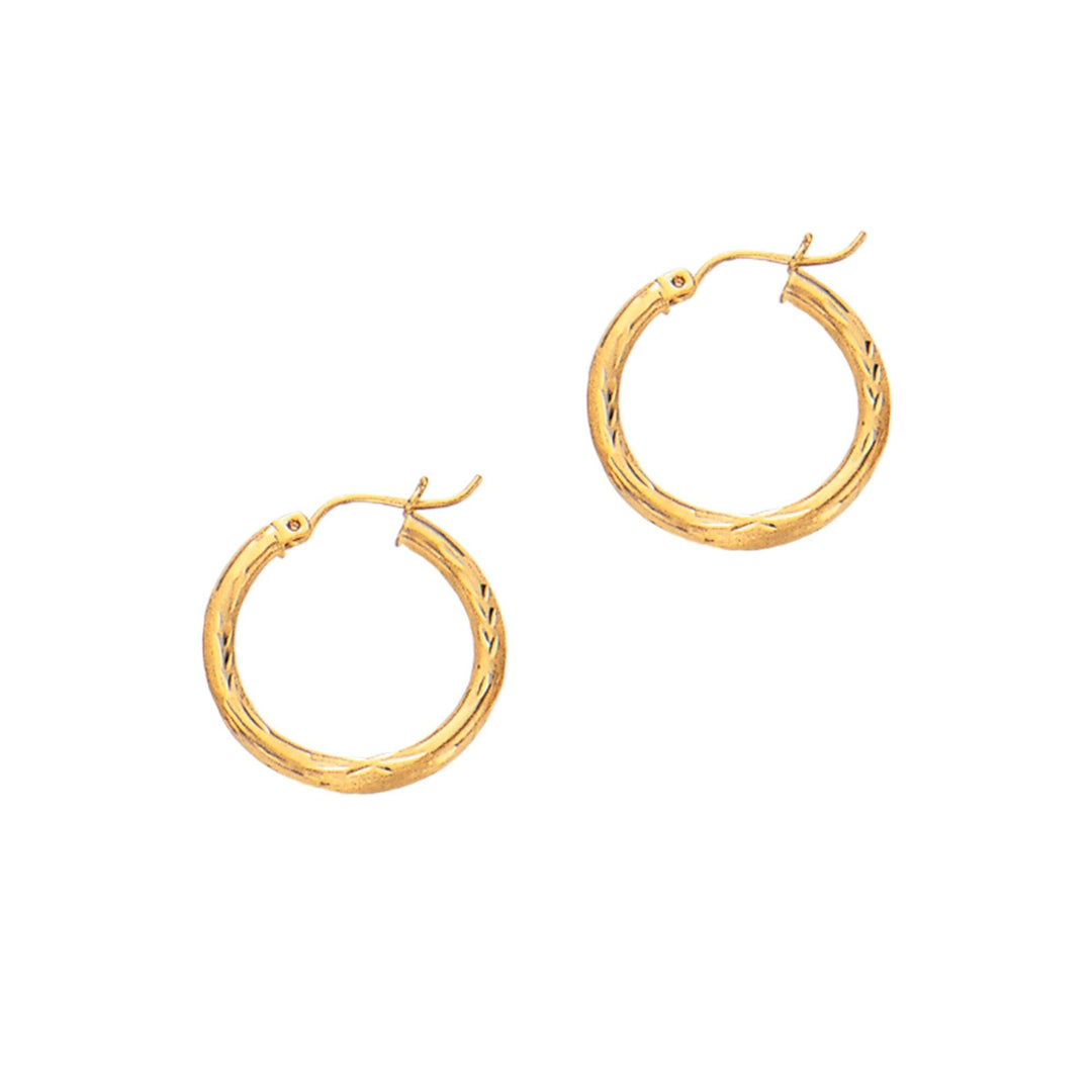 14K Yellow Gold 3mm Diamond Cut & Polished Design Hoop Earring, front view