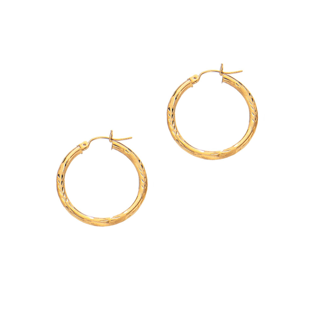 14K Yellow Gold 3mm Diamond Cut & Polished Design Hoop Earring, front view