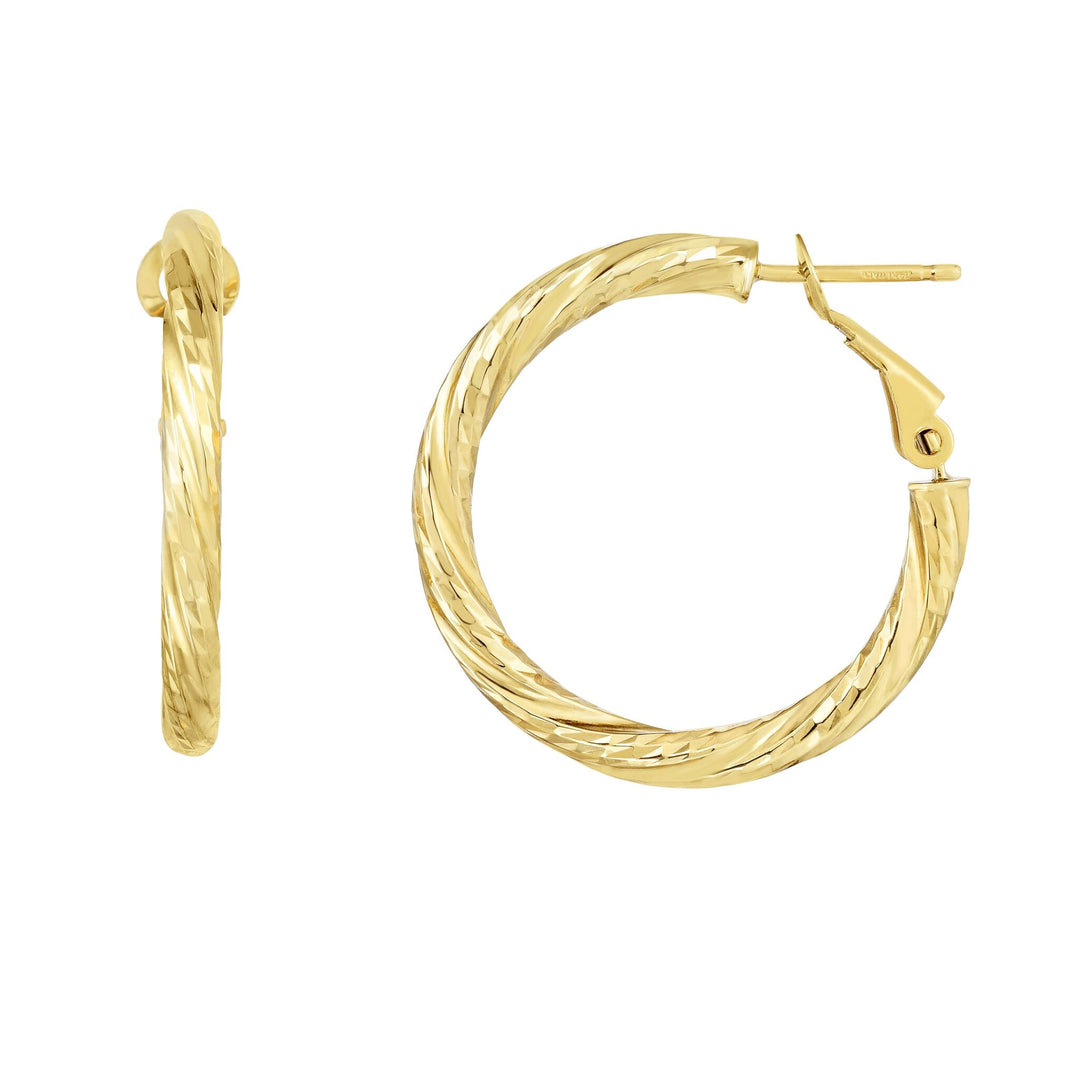 14K Yellow Gold 3x20mm Diamond Cut Twist Omega Back Hoop Earring, front view