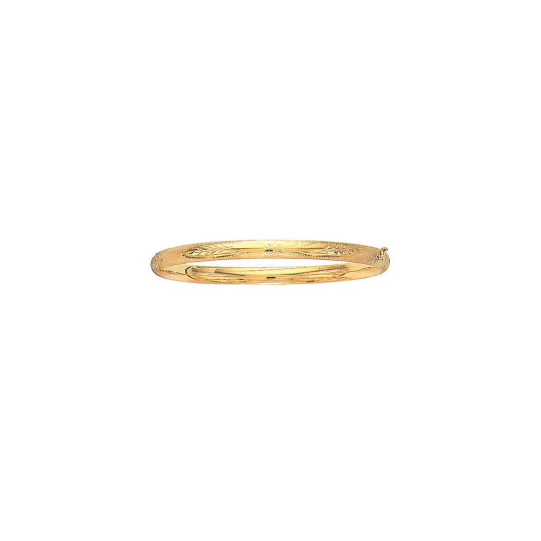 14K Yellow Gold 5mm Polished Floral Design Bangle, front view