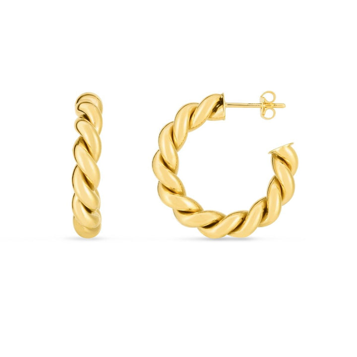 14K Yellow Gold Artisan Sculpted Hoop Earrings, front view