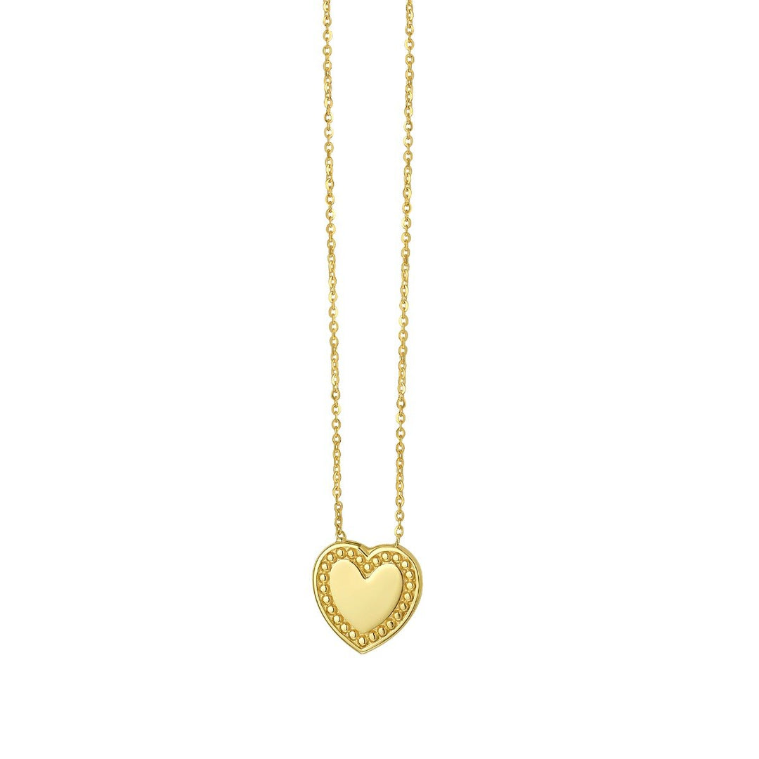 14K Yellow Gold Beaded Heart Necklace, front view
