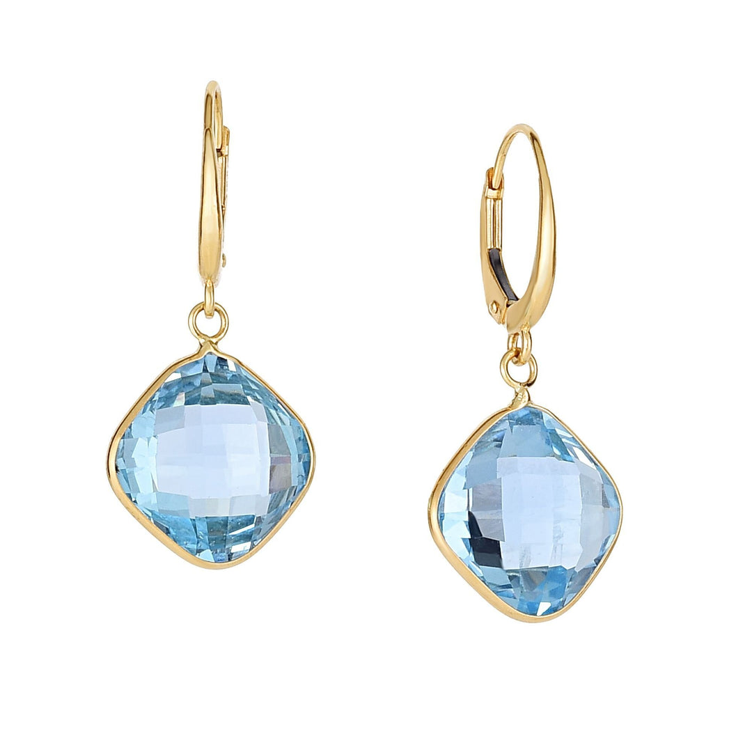 14K Yellow Gold Blue Topaz Cushion Drop Earrings, front view