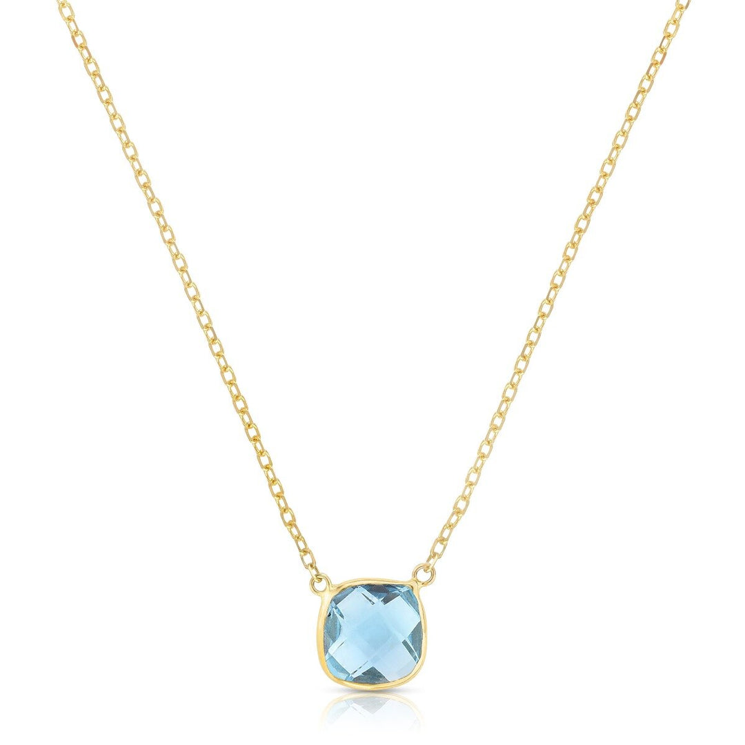 14K Yellow Gold Blue Topaz Cushion Solitiare Necklace, front view