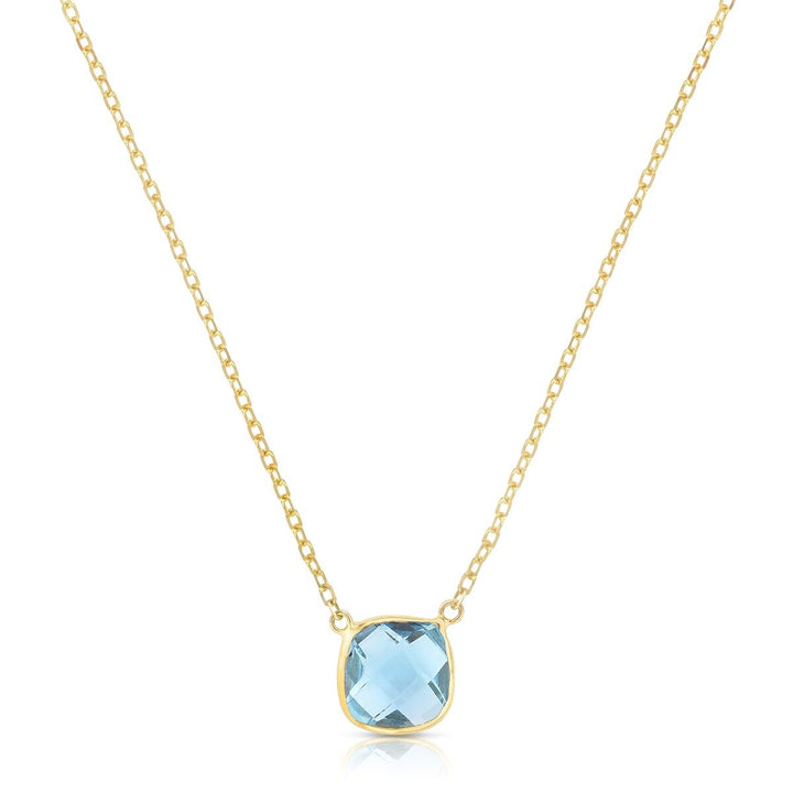 14K Yellow Gold Blue Topaz Cushion Solitiare Necklace, front view