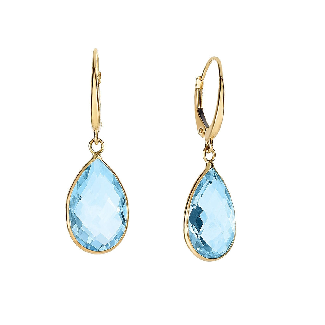 14K Yellow Gold Blue Topaz Pear Drop Earrings, front view