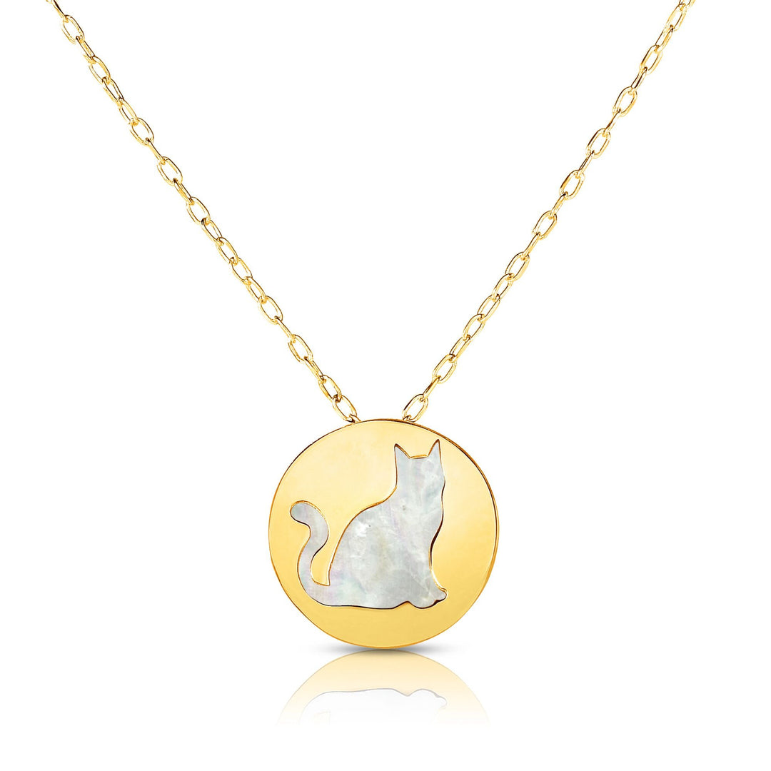 14K Yellow Gold Cat Mother of Pearl Necklace, front view