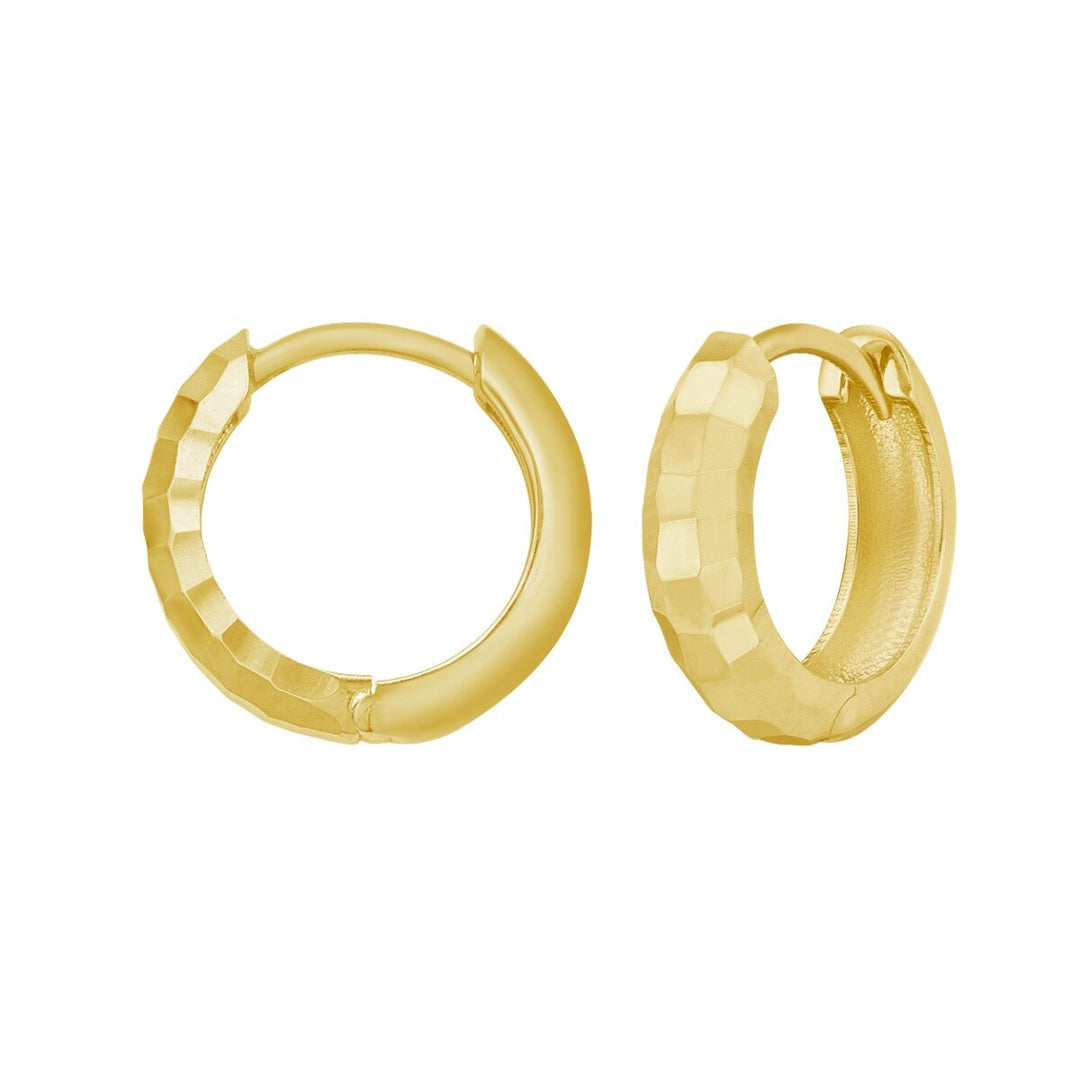 14K Yellow Gold Checkerboard Patterned Huggie Hoops, front view