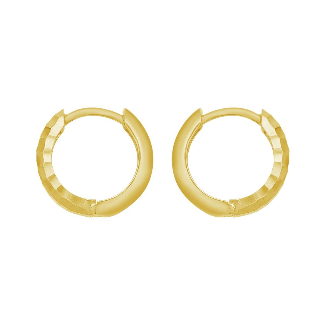 14K Yellow Gold Checkerboard Patterned Huggie Hoops, view 3