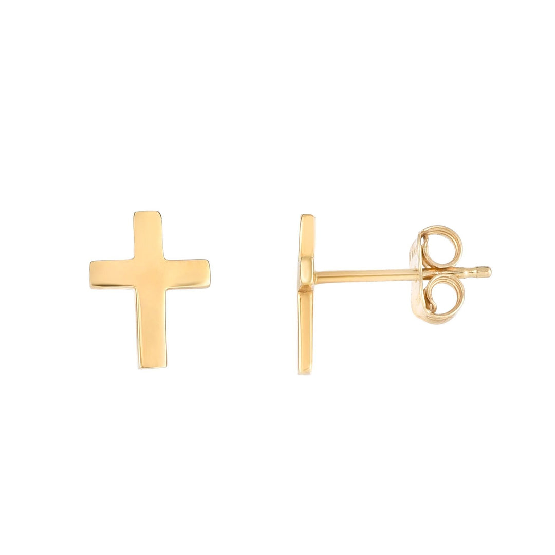 14K Yellow Gold Cross Stud Earring, front view