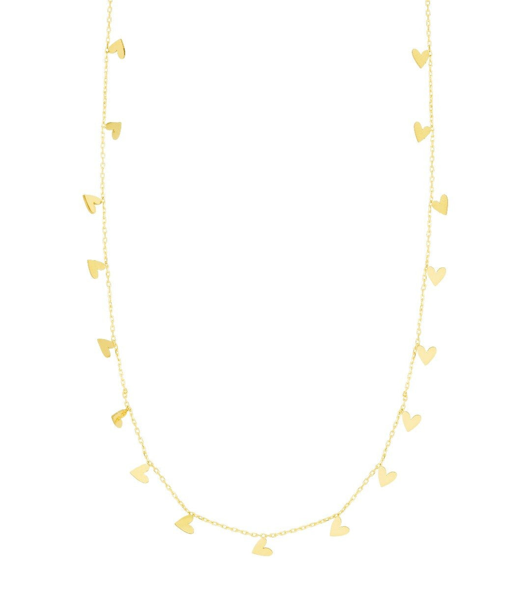 14K Yellow Gold Dangling Hearts Necklace, front view