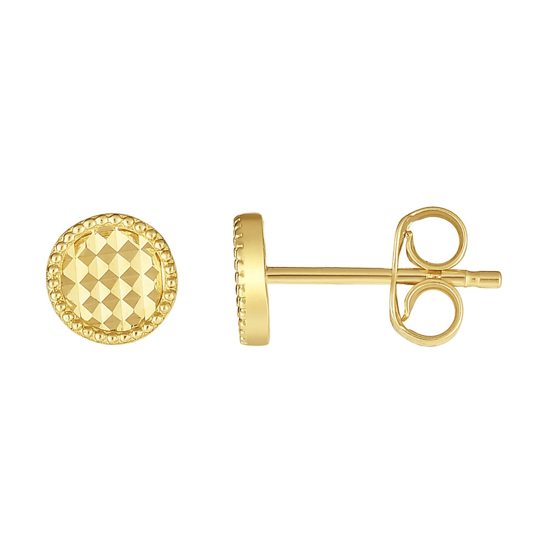 14K Yellow Gold Diamond Cut Circle Stud Earring, front view