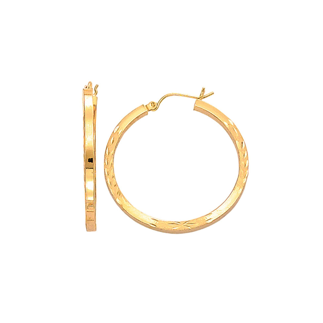 14K Yellow Gold Diamond Cut Hoop Earring, front view