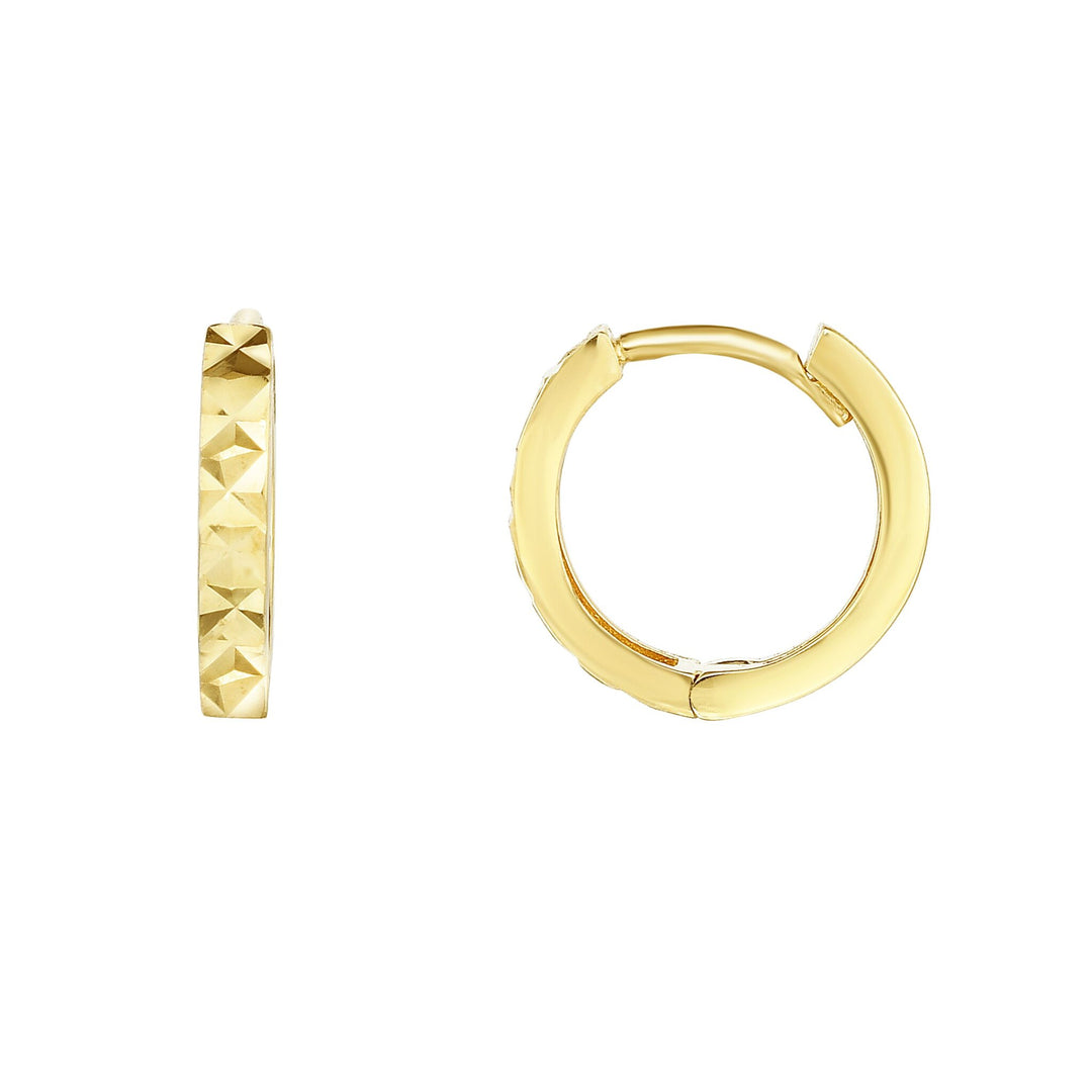 14K Yellow Gold Diamond Cut Huggie Earring, front view
