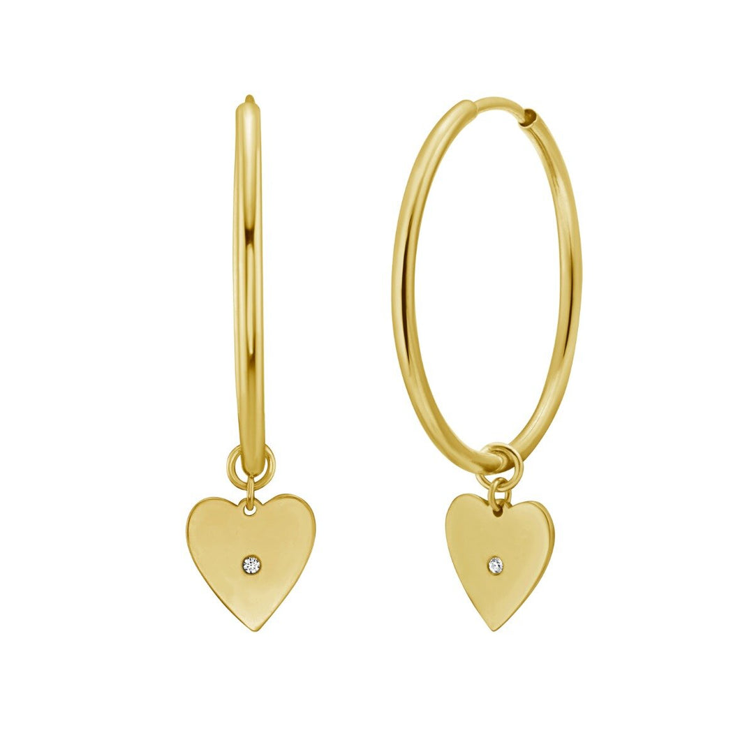 14K Yellow Gold Diamond Heart Charm Hoops, front view