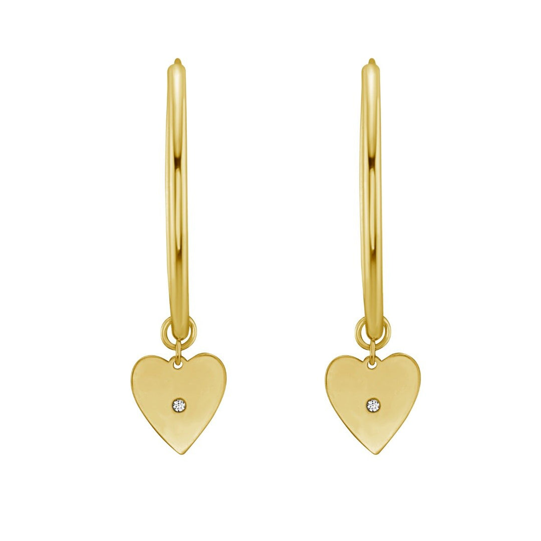 14K Yellow Gold Diamond Heart Charm Hoops, view 3