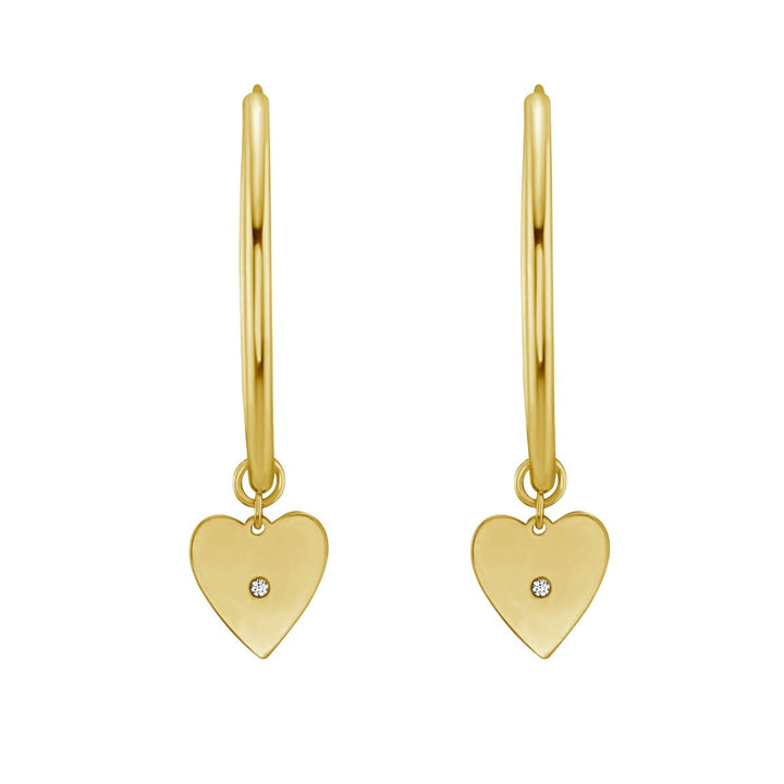 14K Yellow Gold Diamond Heart Charm Hoops, view 3