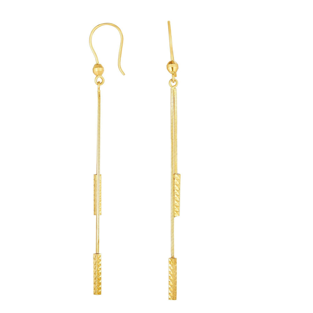 14K Yellow Gold Double Diamond Cut Bar Linear Drop Earring, front view