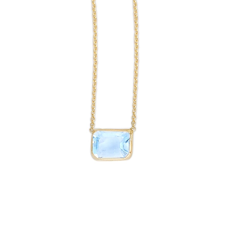 14K Yellow Gold Emerald Cut Blue Topaz Necklace, front view
