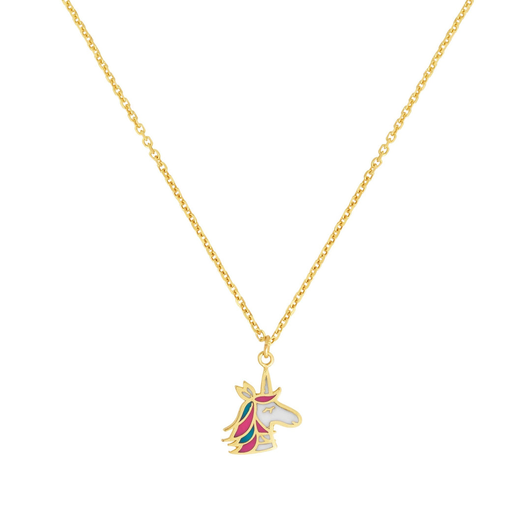 14K Yellow Gold Enamel Unicorn Necklace, front view