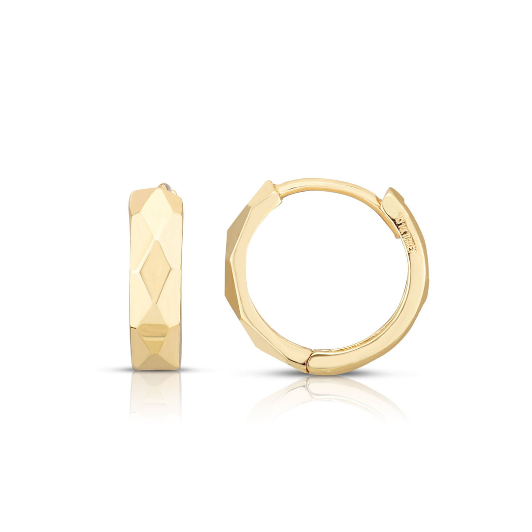14K Yellow Gold Faceted Huggie Earrings, front view
