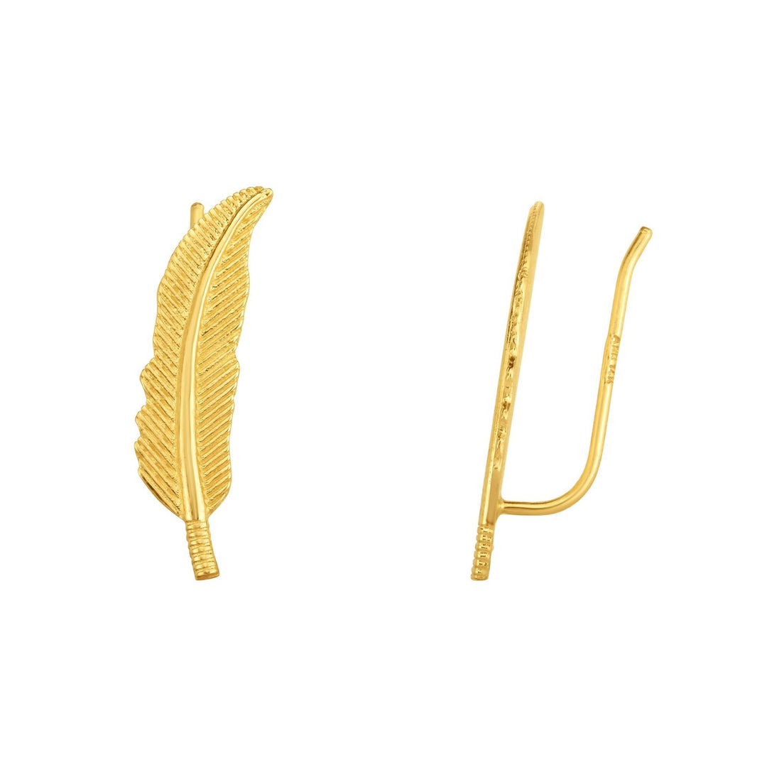 14K Yellow Gold Feather Ear Climber, front view