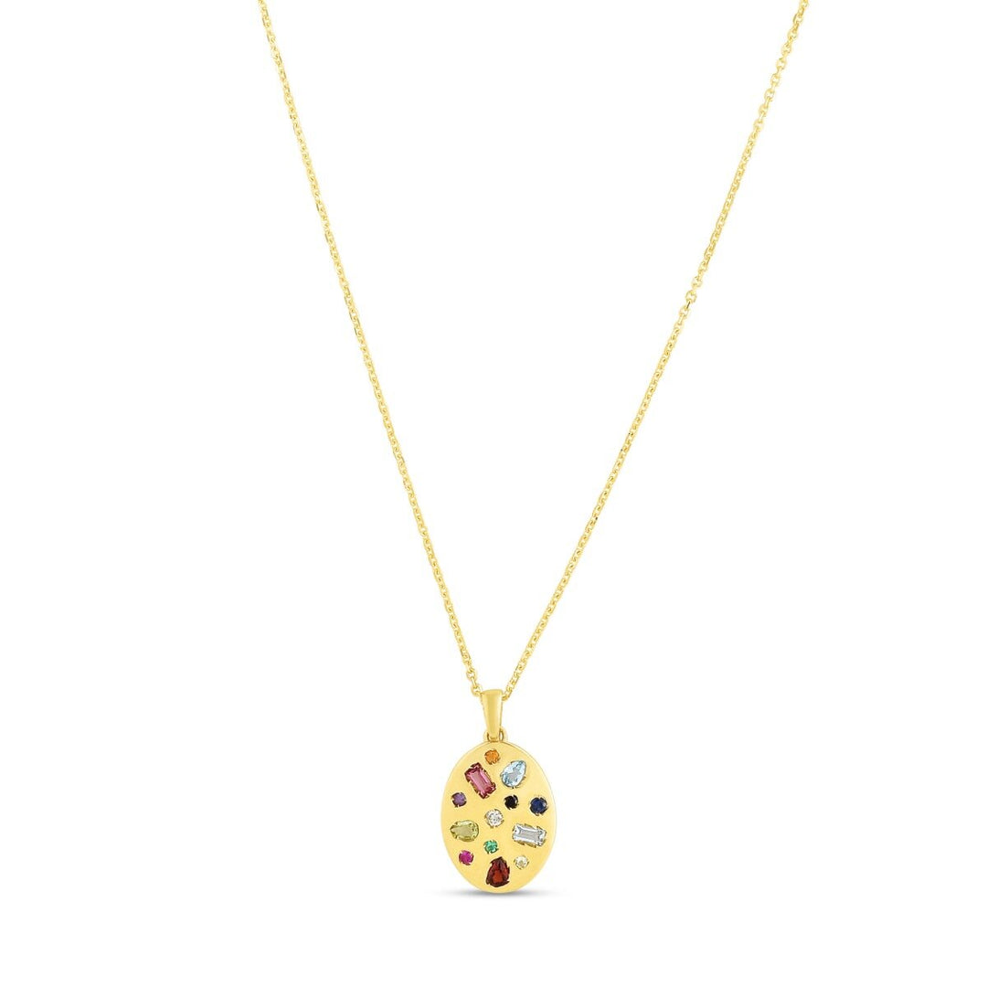 14K Yellow Gold Gemstone Inlay Oval Necklace, front view