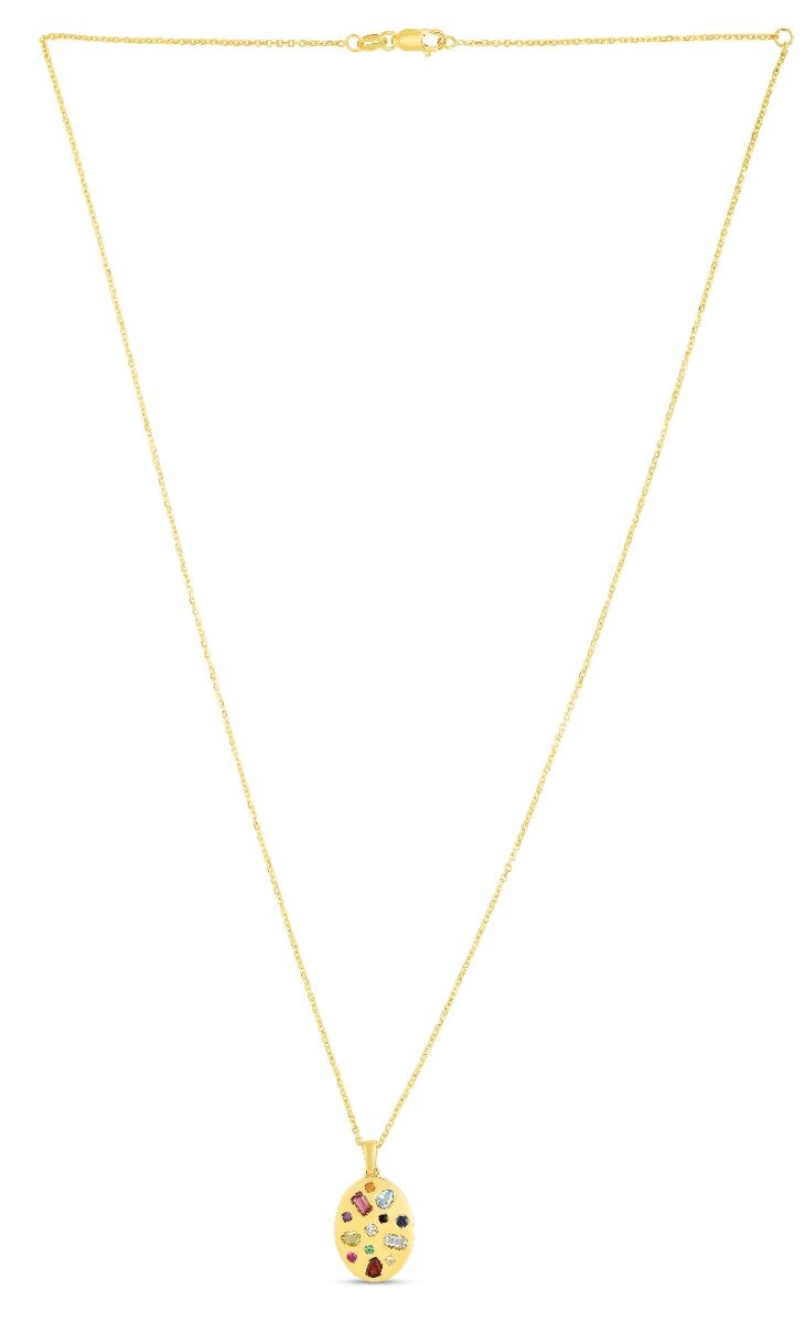 14K Yellow Gold Gemstone Inlay Oval Necklace, view 2