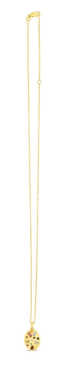 14K Yellow Gold Gemstone Inlay Oval Necklace, view 3
