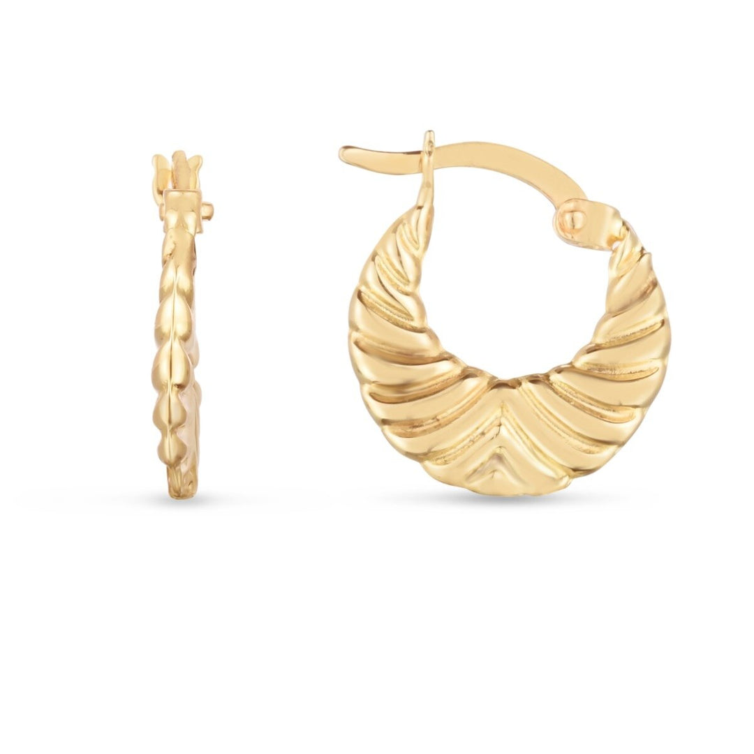14K Yellow Gold Graduated Grooved Hoops, front view
