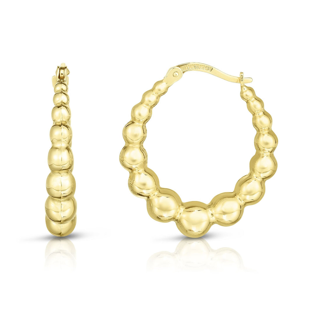 14K Yellow Gold Graduated Puffy Bead Hoop Earring, front view