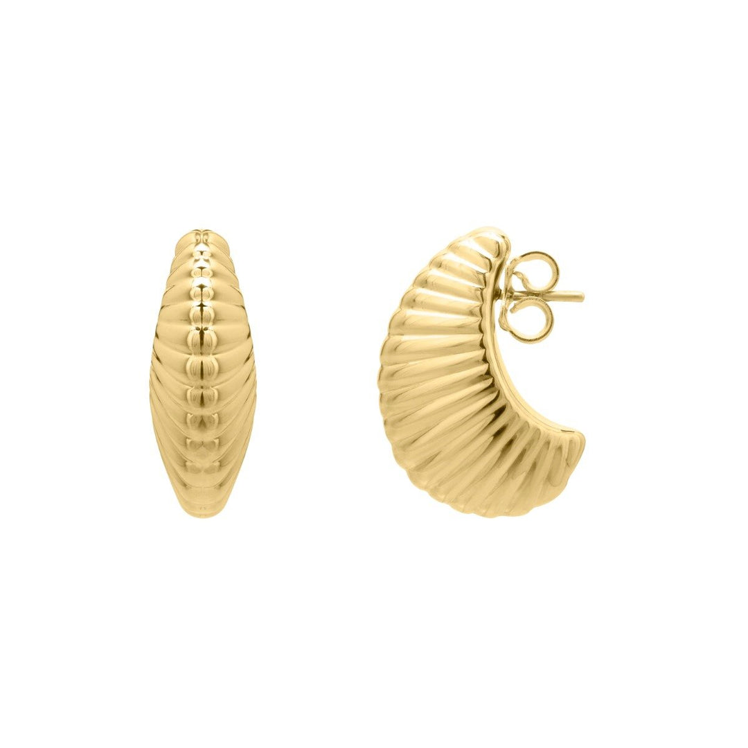 14K Yellow Gold Graduated Puffy Ribbed Shell Hoops, front view