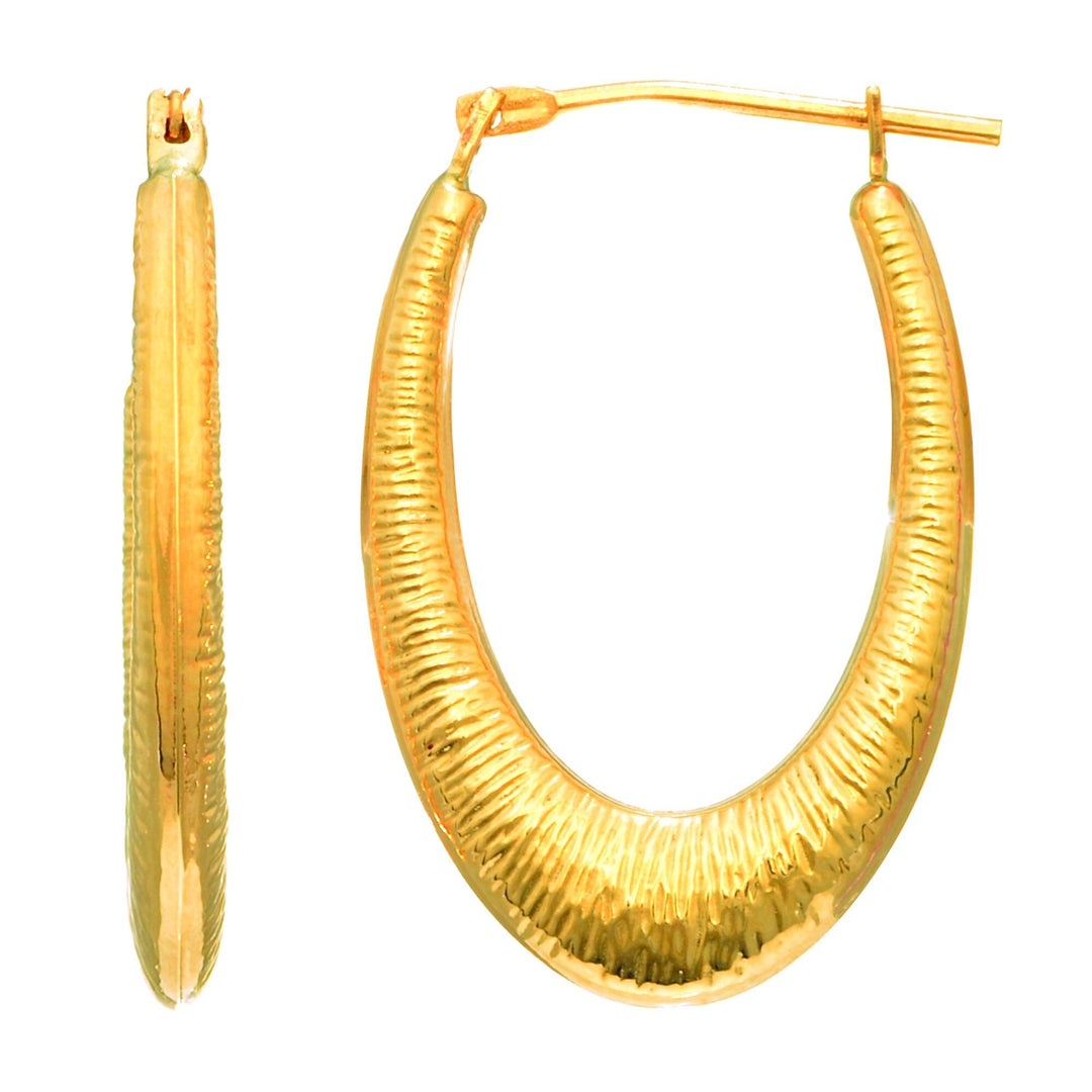 14K Yellow Gold Graduated Textured Oval Back to Back Hoop Earring, front view