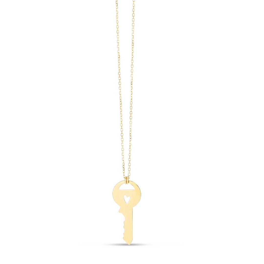 14K Yellow Gold Heart Key Necklace, front view