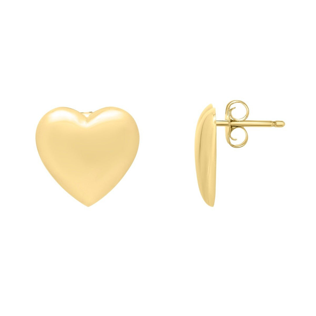14K Yellow Gold Heart Puffed Up Studs, front view