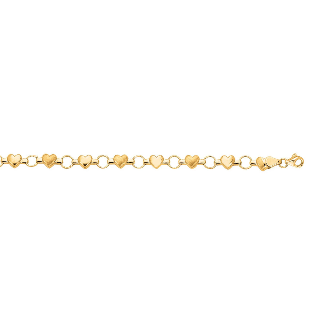 14K Yellow Gold Heart & Satin Heart Alternating Bracelet, front view